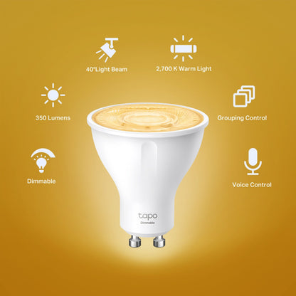 TP-Link Tapo L610 Smart LED GU10, 350 lumen, 40° spredning, 2700K varmt lys, gruppestyring via app og stemmestyring.