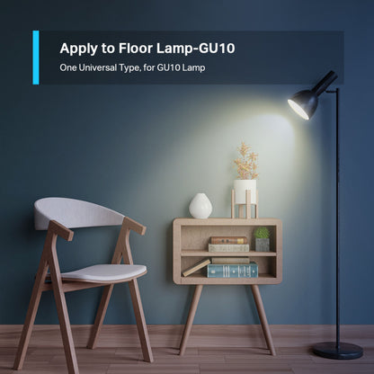 Tapo L610 Smart LED-pære GU10 i gulvlampe, tekst: Anvendes til gulvlampe-GU10, en universel type til GU10-lampe.