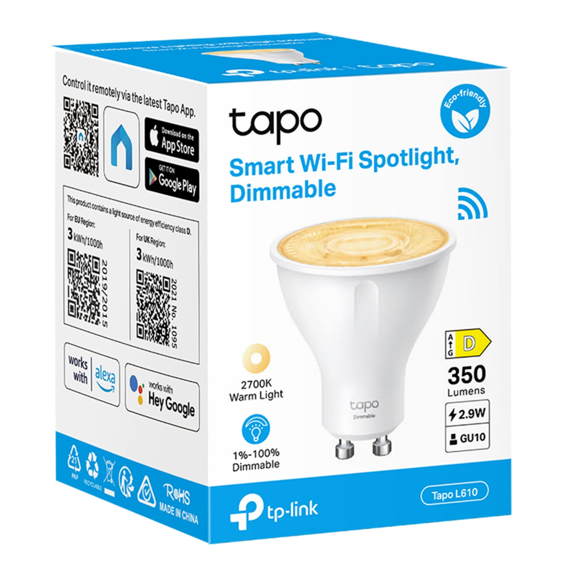TP-Link Tapo L610 GU10 Smart LED-pære æske, dæmpbar 350 lm, 2,9W, 2700K varm lys, Alexa/Google Assistant, eco-label.
