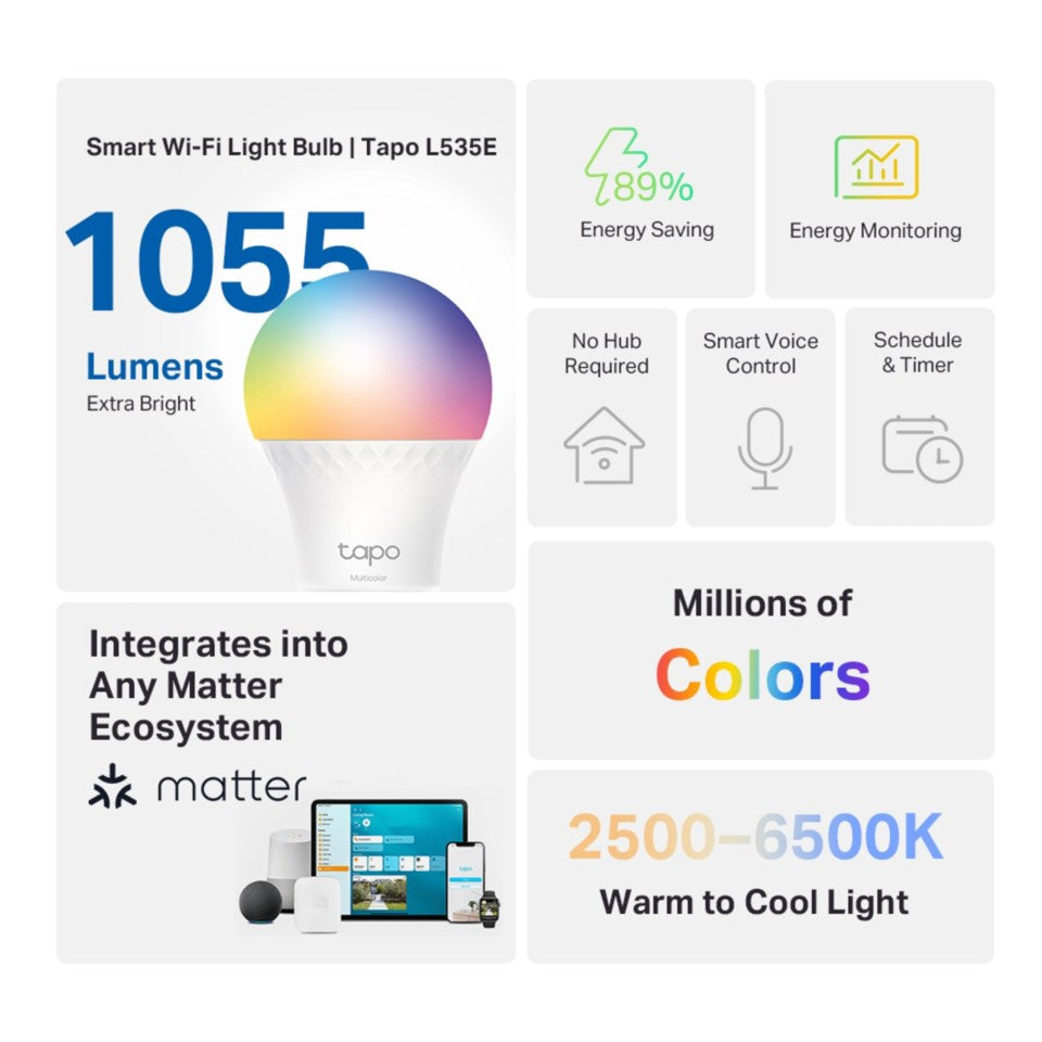 Tapo Smart RGB LED-pære E27 1100 lumen 89 energibesparelse, stemmestyring, wifi, energiovervågning, Matter kompatibel.