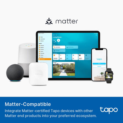 TP-Link Tapo Smart RGB LED-pære 1100 lumen E27 vises kompatibel med Matter-enheder som smarthøjttalere, tablets og ure.