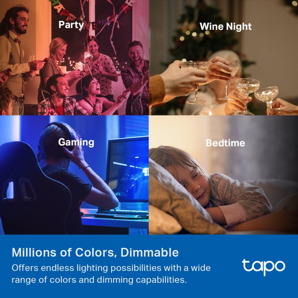 Tapo Smart RGB LED-pære 1100 lumen E27 wifi-belysning millioner farver til smart home synlig i fest og gaming miljø.