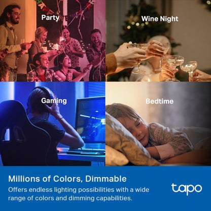 Tapo Smart RGB LED-pære 1100 lumen E27 wifi-belysning millioner farver til smart home synlig i fest og gaming miljø.