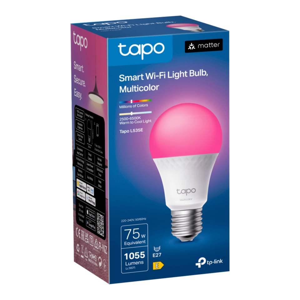 Tapo Smart RGB LED-pære 1100 lumen E27 med Matter support og Wi-Fi, flerfarvet.