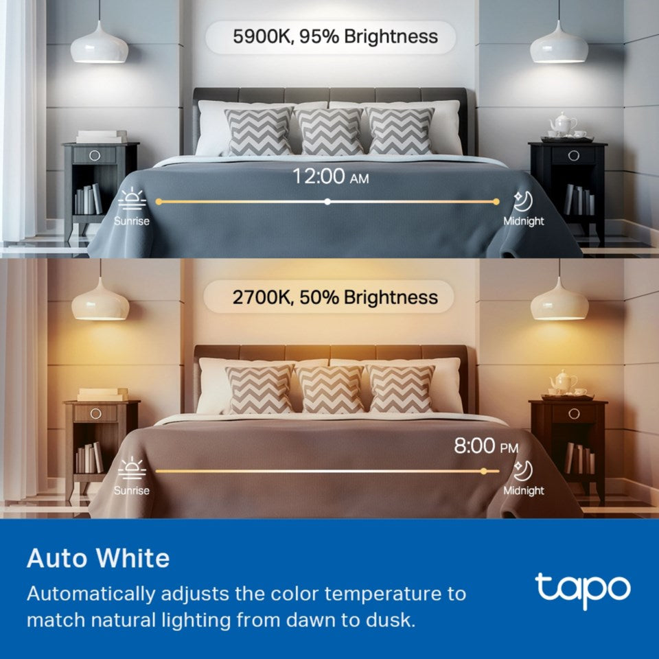 Tapo Smart RGB LED-pære E27 1100 lumen viser hvidt lys 5900K 95 kl. 00 og varmt lys 2700K 50 kl. 20 i soveværelse.