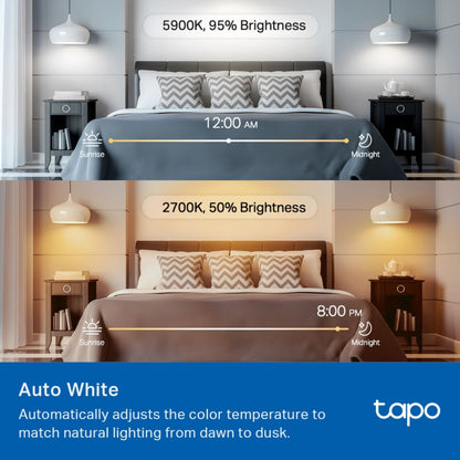 Tapo Smart RGB LED-pære E27 1100 lumen viser hvidt lys 5900K 95 kl. 00 og varmt lys 2700K 50 kl. 20 i soveværelse.