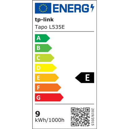 TP-Link Tapo Smart RGB LED-pære 1100 lumen E27 energiklasse E, A-G farvebjælker, EU-flag, QR-kode, wifi smart home.