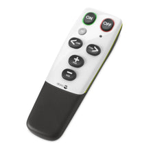 Doro Handleeasy 321rc fjernbetjening, sort/hvid, store knapper til ON, OFF, AV, CH+, CH-, VOL+, VOL-, Doro-logo nederst.