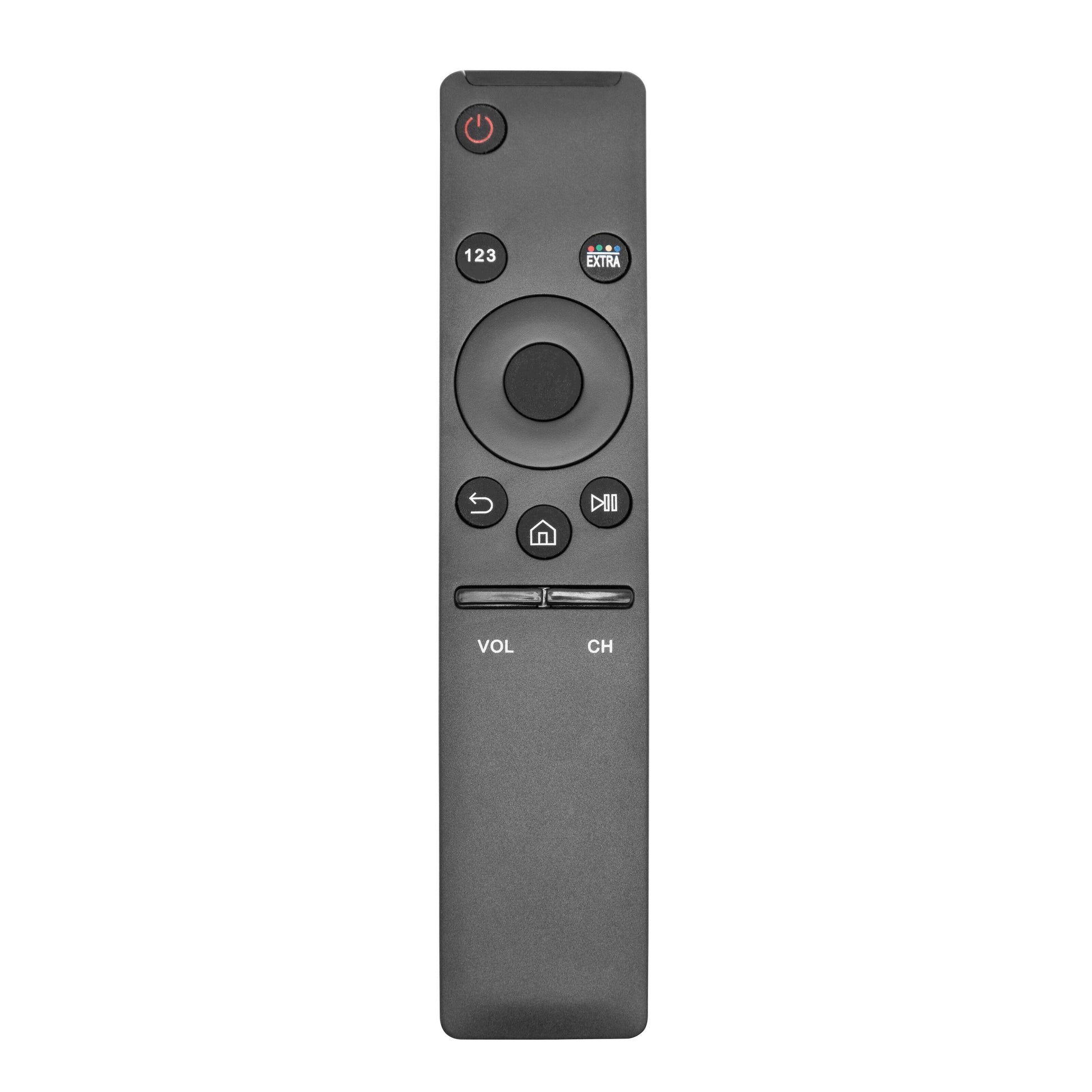Samsung Smart TV fjernbetjening sort med strøm, tal, navigation, lydstyrke, kanal, hjem og mediaknapper.
