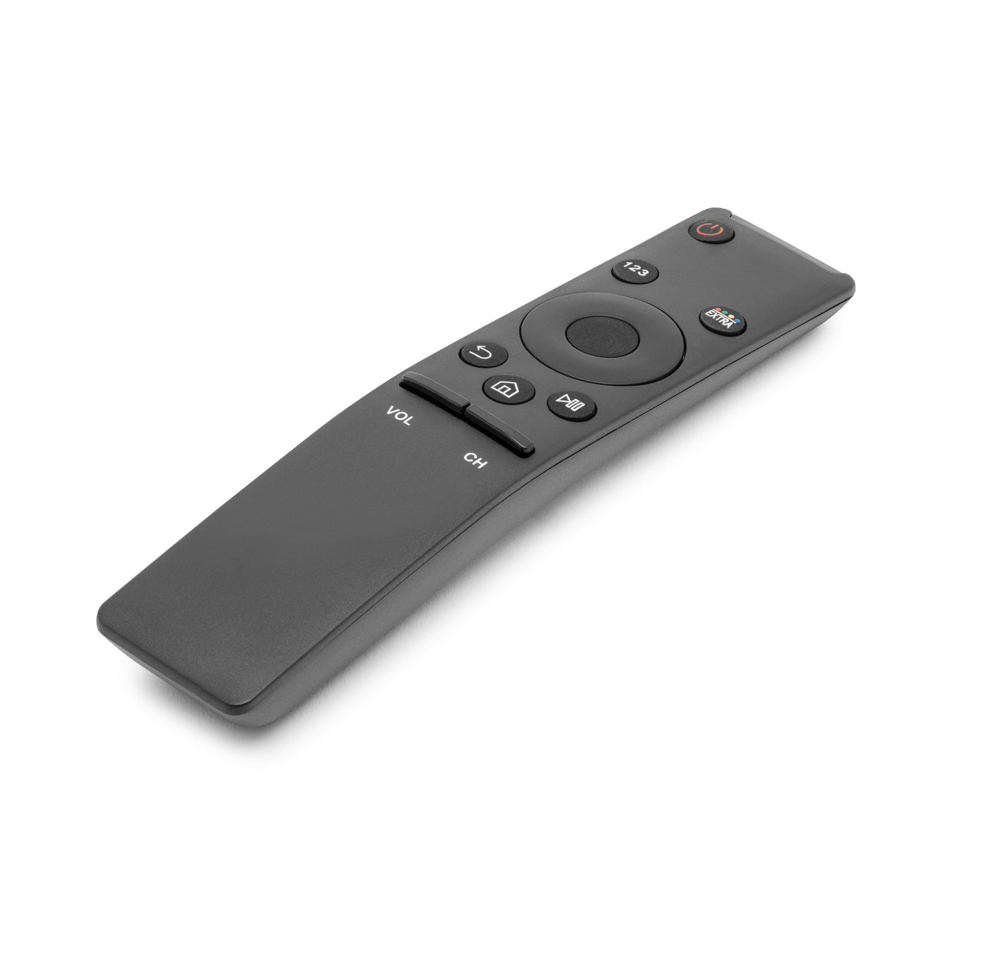 Sort Samsung Smart TV fjernbetjening med knapper til tænd/sluk, lydstyrke, kanalvalg, navigation og afspil/pause.