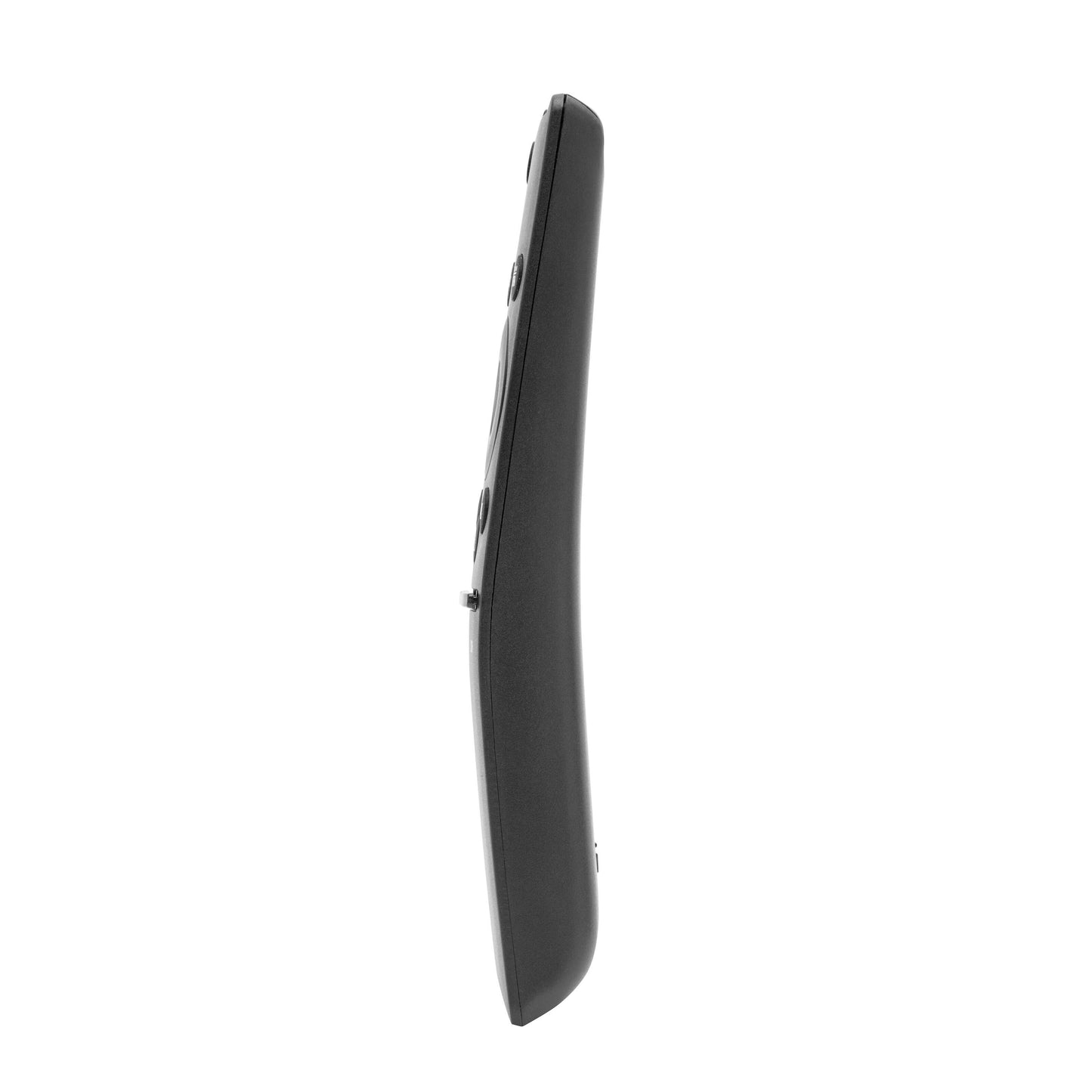 Sort fjernbetjening til Samsung Smart TV, vist fra siden med slankt, let buet design.