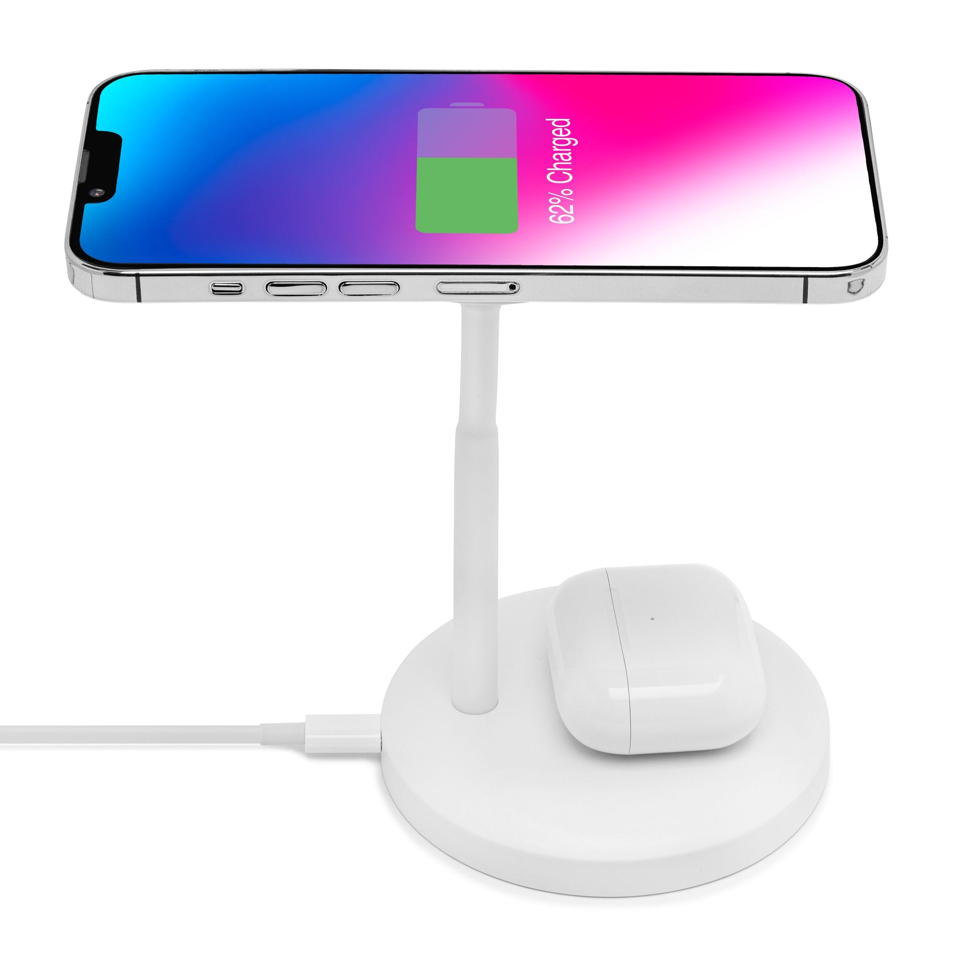 2-i-1 hvid Qi2-kompatibel opladningsstation til iPhone 12-16 og trådløse øretelefoner, smartphone viser 82 strøm.