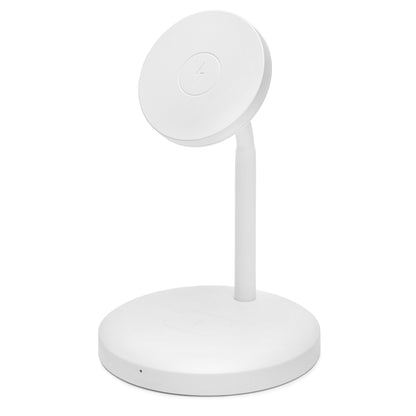 Linocell 2-i-1 trådløs opladningsstation med rund base og vippet magnetisk pad til iPhone 12-16 og Qi2 enheder.