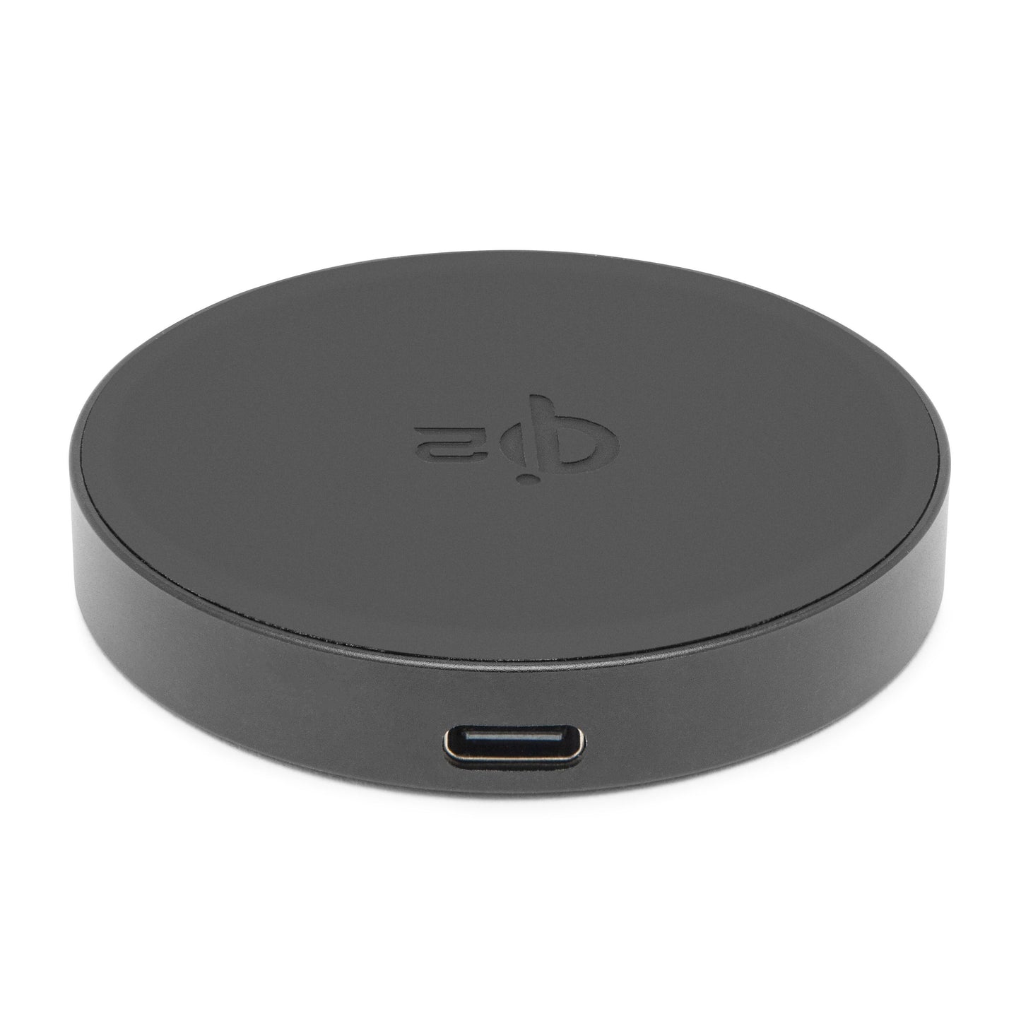 Qi2-hurtigoplader 15 W, rund sort, Qi-logo, USB-C port, passer til iPhone 12-16.