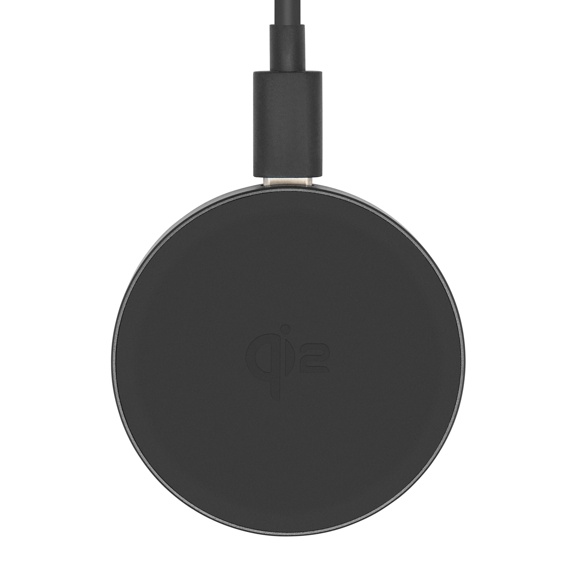 Qi2 Trådløs hurtigoplader 15W sort, rund, USB-kabel foroven, "Qi 2"-logo i midten, til iPhone 12-16.