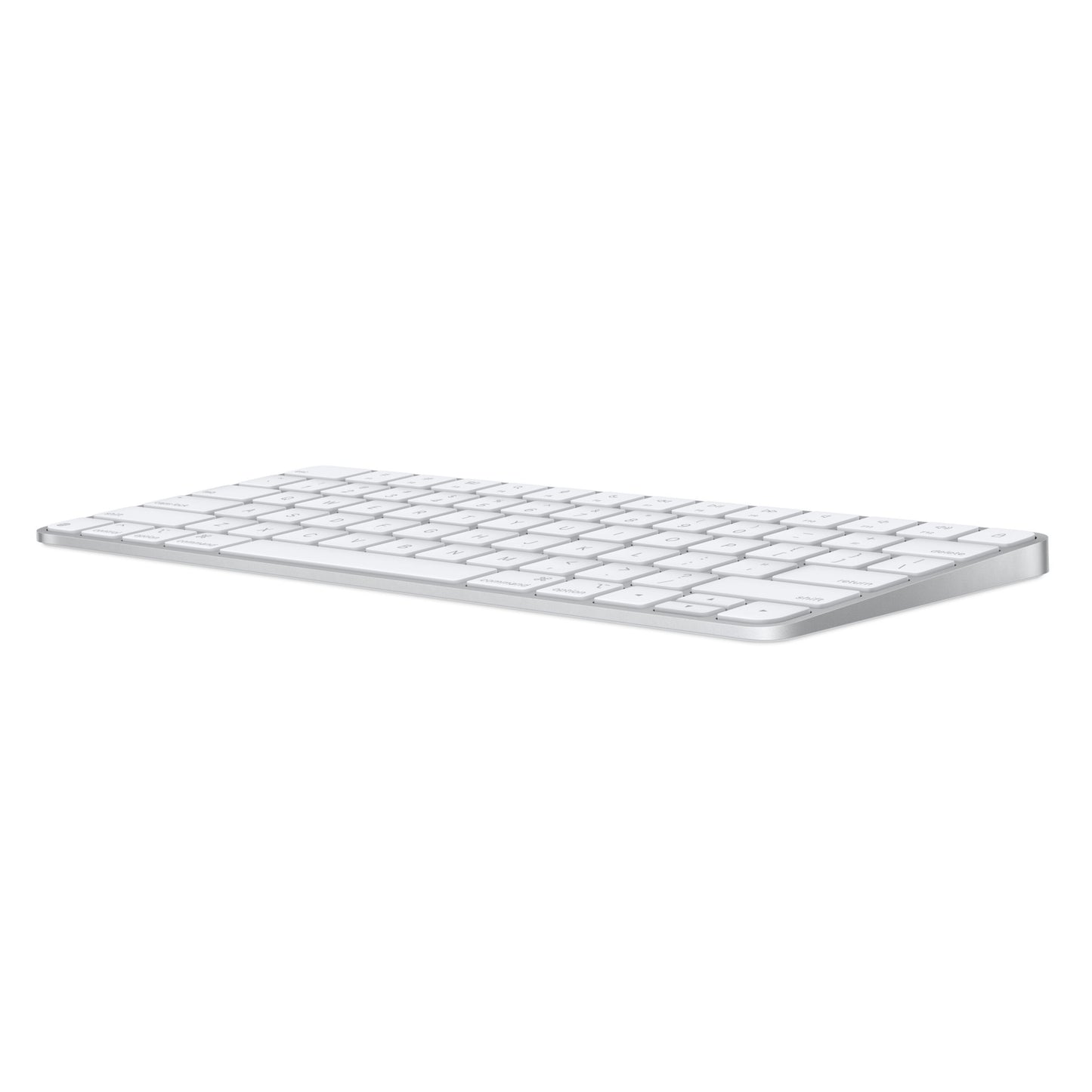 Apple Magic Keyboard trådløs, hvid, USB-C, norsk layout, lav vinkel med aluminiumsbund og flade adskilte taster.