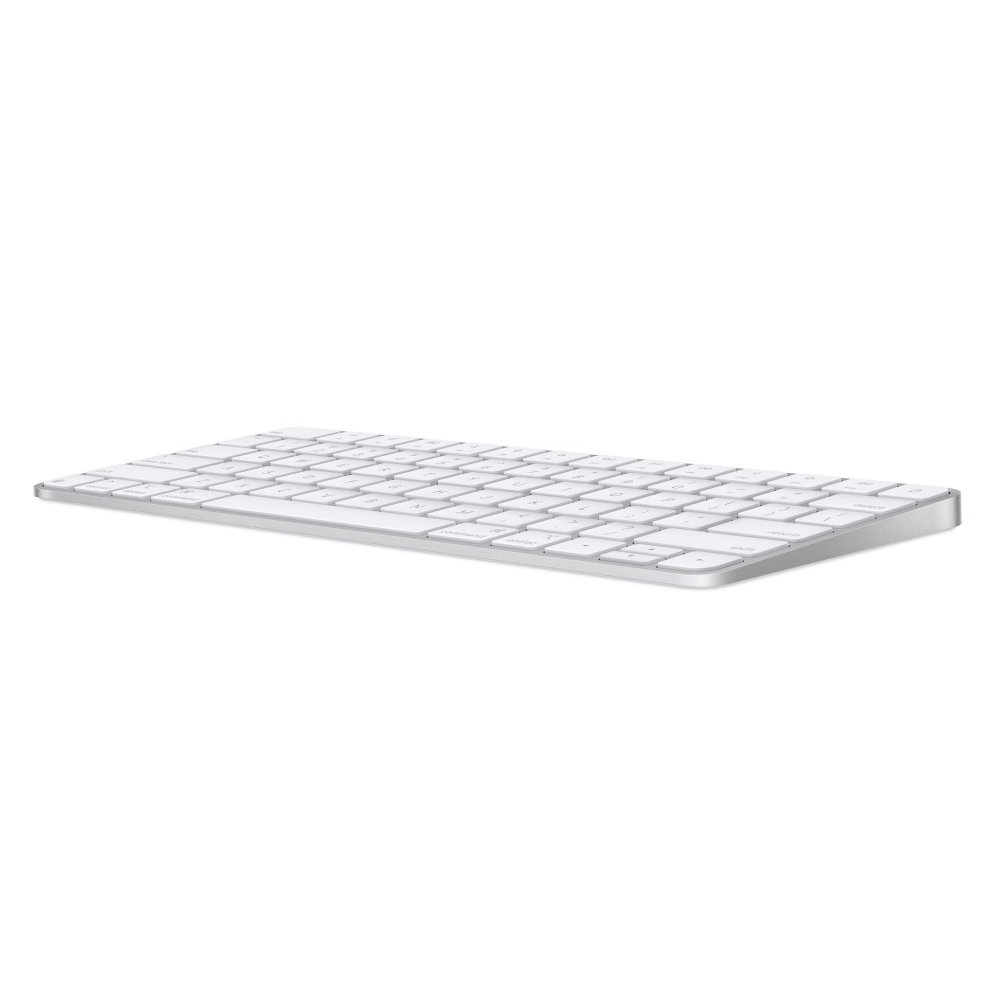 Apple Magic Keyboard trådløs, hvid, USB-C, norsk layout, lav vinkel med aluminiumsbund og flade adskilte taster.