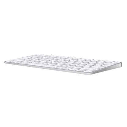 Apple Magic Keyboard trådløs, hvid, USB-C, norsk layout, lav vinkel med aluminiumsbund og flade adskilte taster.