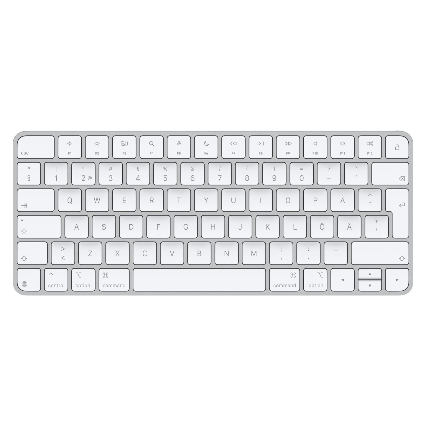 Apple Magic Keyboard USB-C, hvid, kompakt trådløst tastatur med grå taster, svensk og engelsk layout med accenttegn.