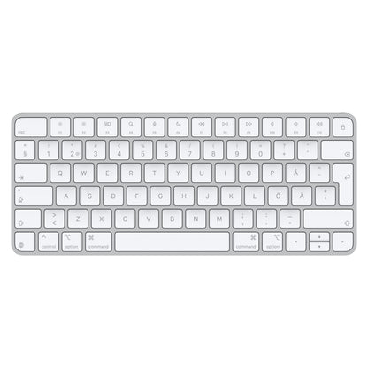 Apple Magic Keyboard USB-C, hvid, kompakt trådløst tastatur med grå taster, svensk og engelsk layout med accenttegn.