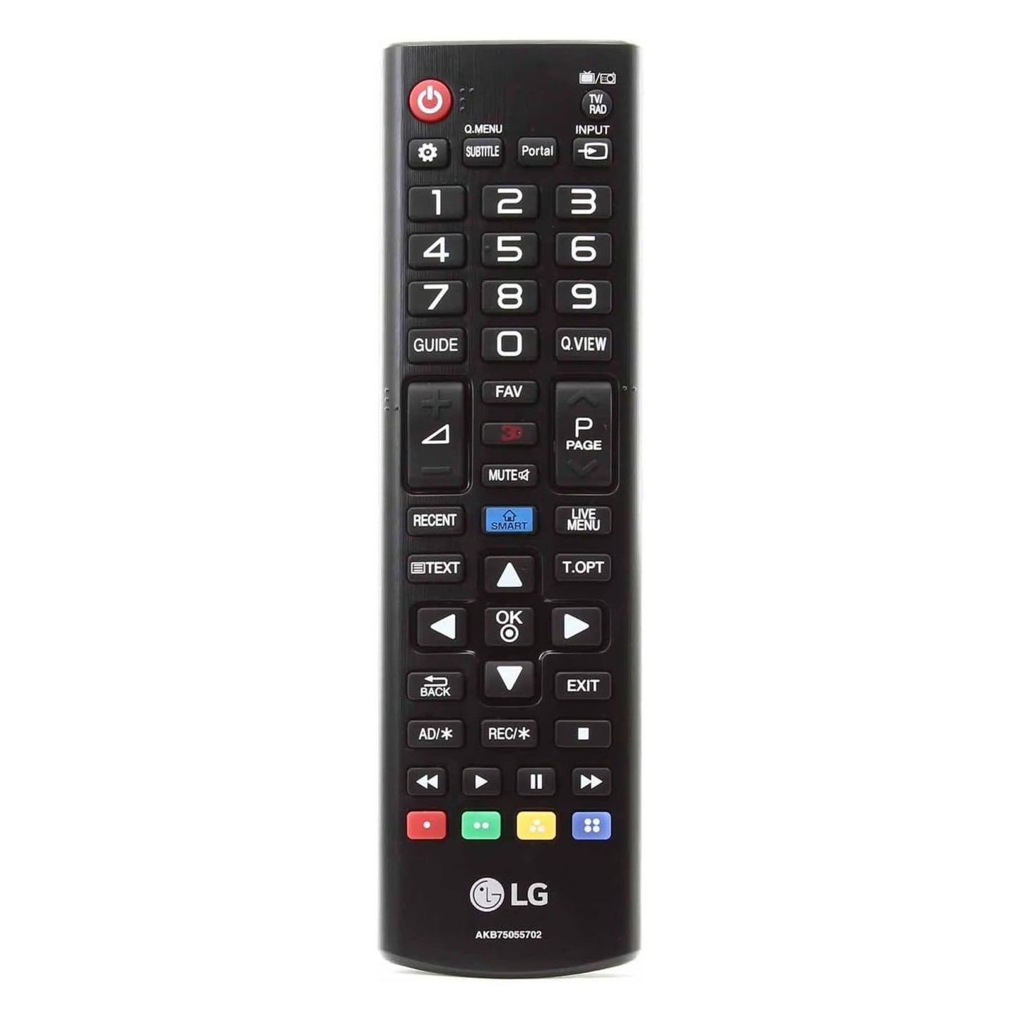 LG fjernbetjening AKB75055702 sort, knapper til strøm, tal, navigation, input, lyd, kanaler, menu og farvegenveje.