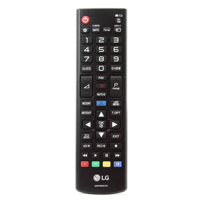 LG fjernbetjening AKB75055702 sort, knapper til strøm, tal, navigation, input, lyd, kanaler, menu og farvegenveje.