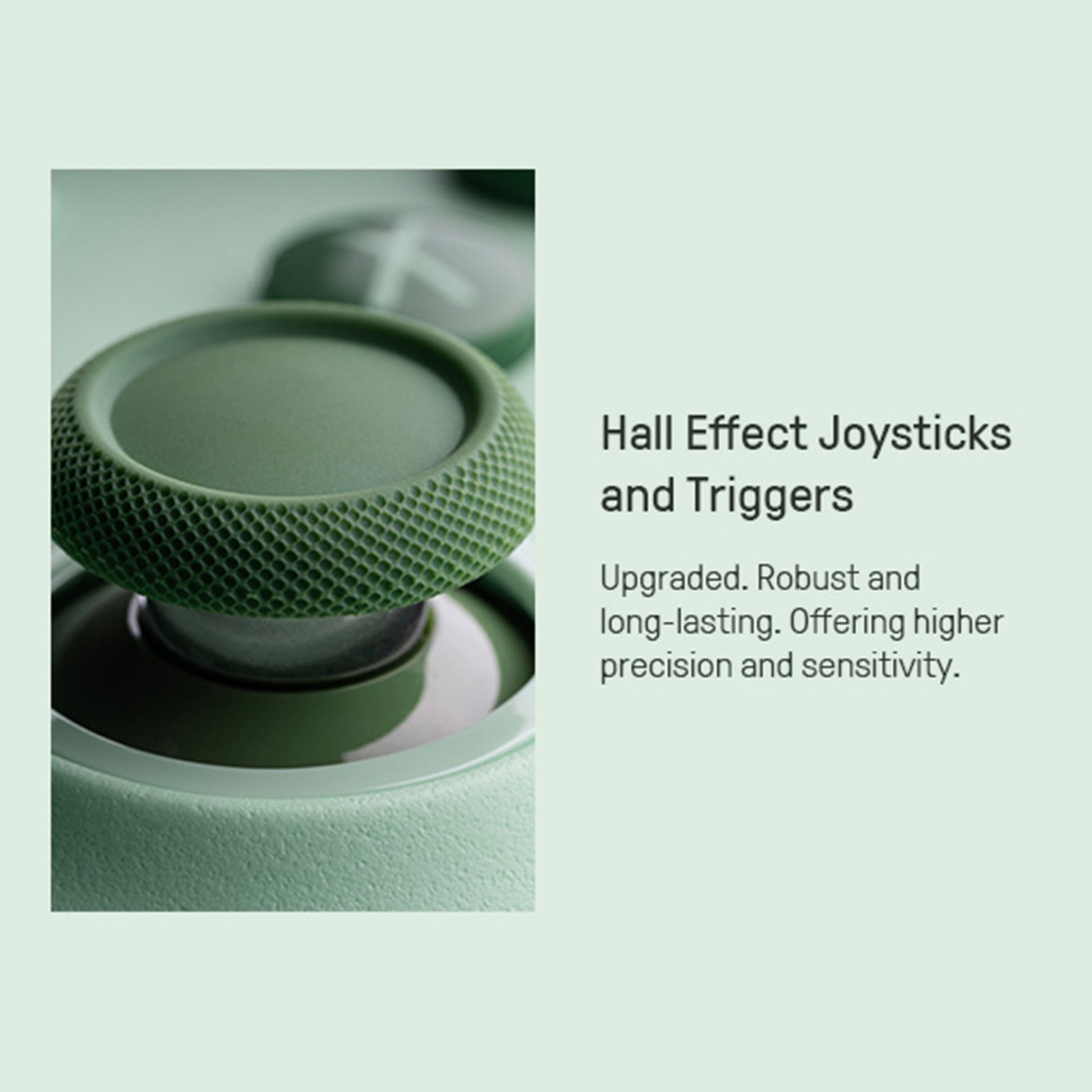 8Bitdo Ultimate 2C trådløs håndkontrol grøn, nærbillede af joystick med Hall Effect Joysticks and Triggers-tekst.