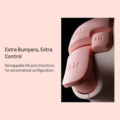 8Bitdo Ultimate 2C Trådløs håndkontrol Hall Effect fersken, close-up af R4 og L4 bumpers, remappable til Nintendo Switch.