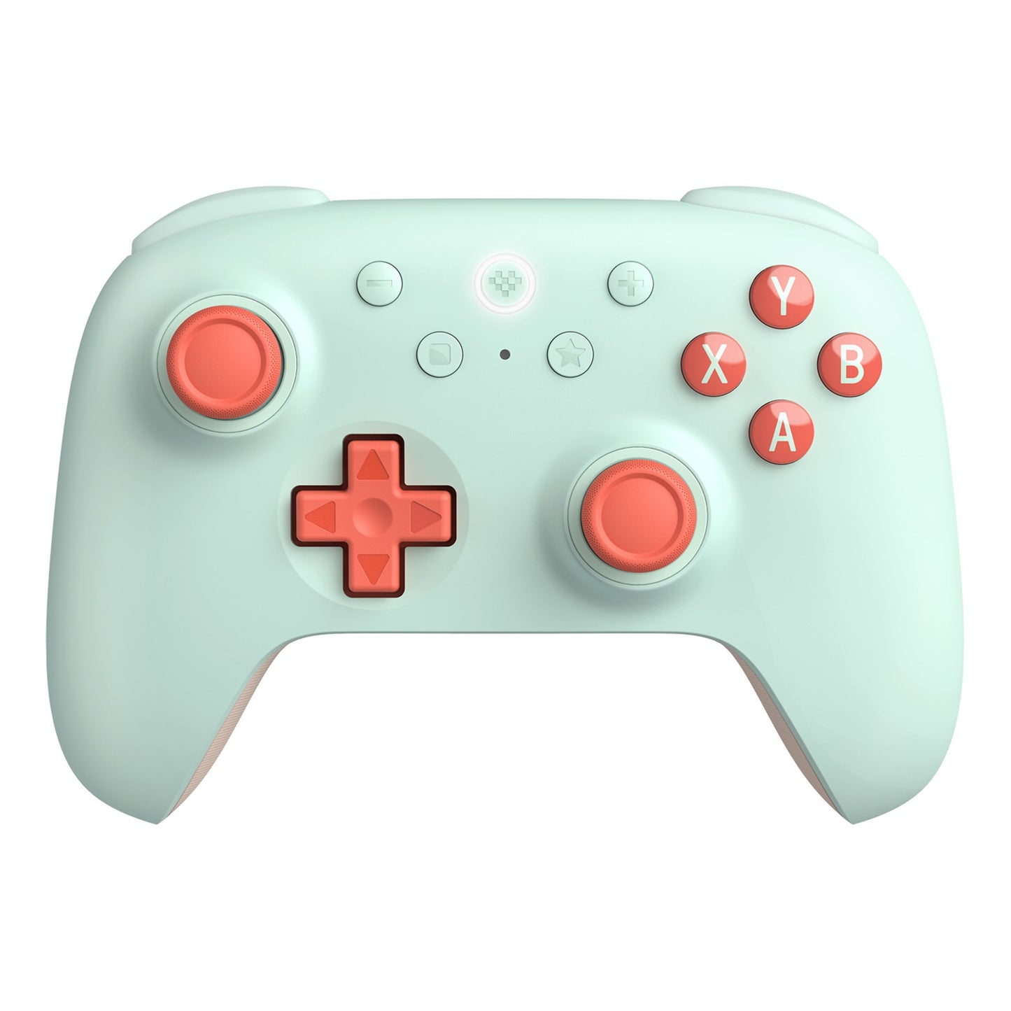 8Bitdo Ultimate 2C trådløs controller mintgrøn med koralfarvede knapper, joysticks og D-pad, Hall Effect-sensorer.