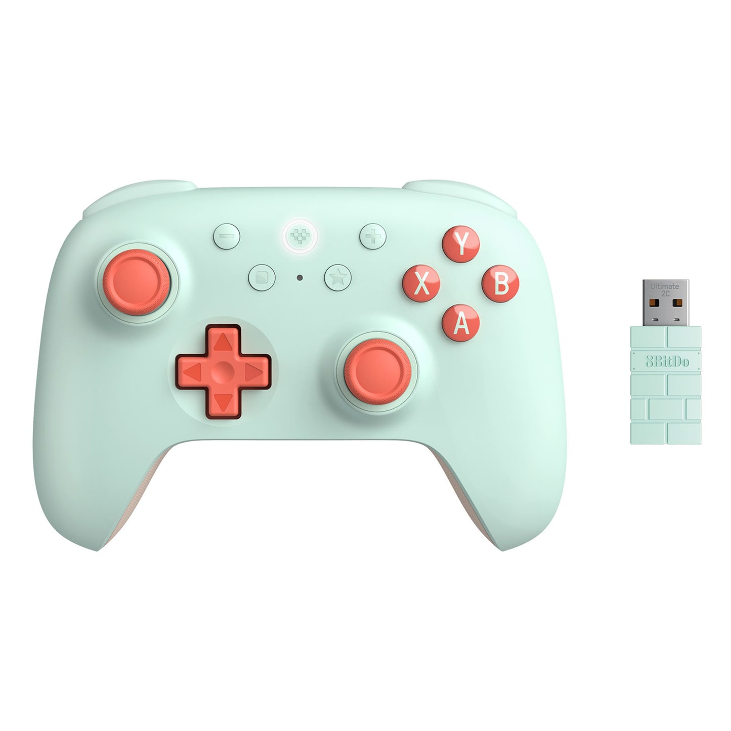 8Bitdo Ultimate 2C trådløs håndkontrol Hall Effect mintgrøn med koralfarvede knapper og USB-dongle.