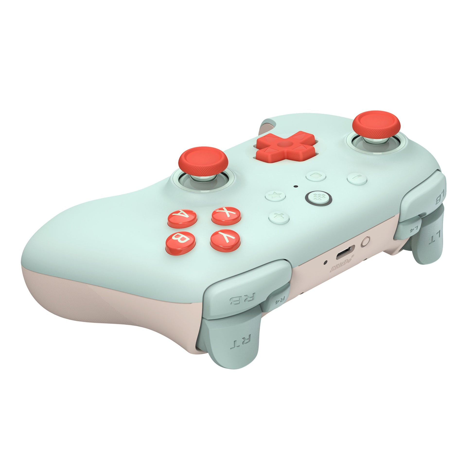 8Bitdo Ultimate 2C trådløs controller mint/hvid med røde analoge pinde, A/B/X/Y knapper og rød D-pad, R1/R2/L1/L2.