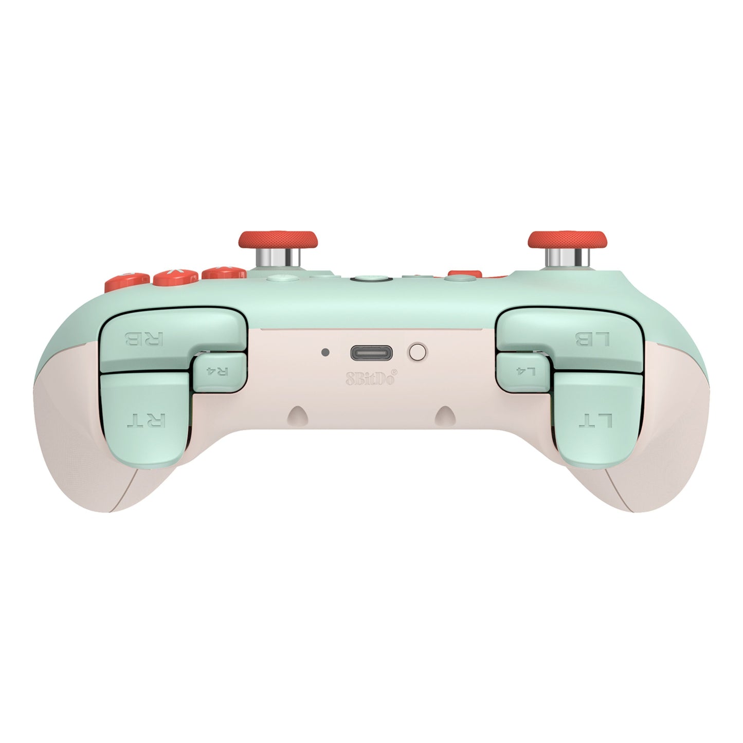 8Bitdo Ultimate 2C trådløs controller med Hall Effect, mintgrøn og lyserød, røde knapper, triggers og USB-C port.