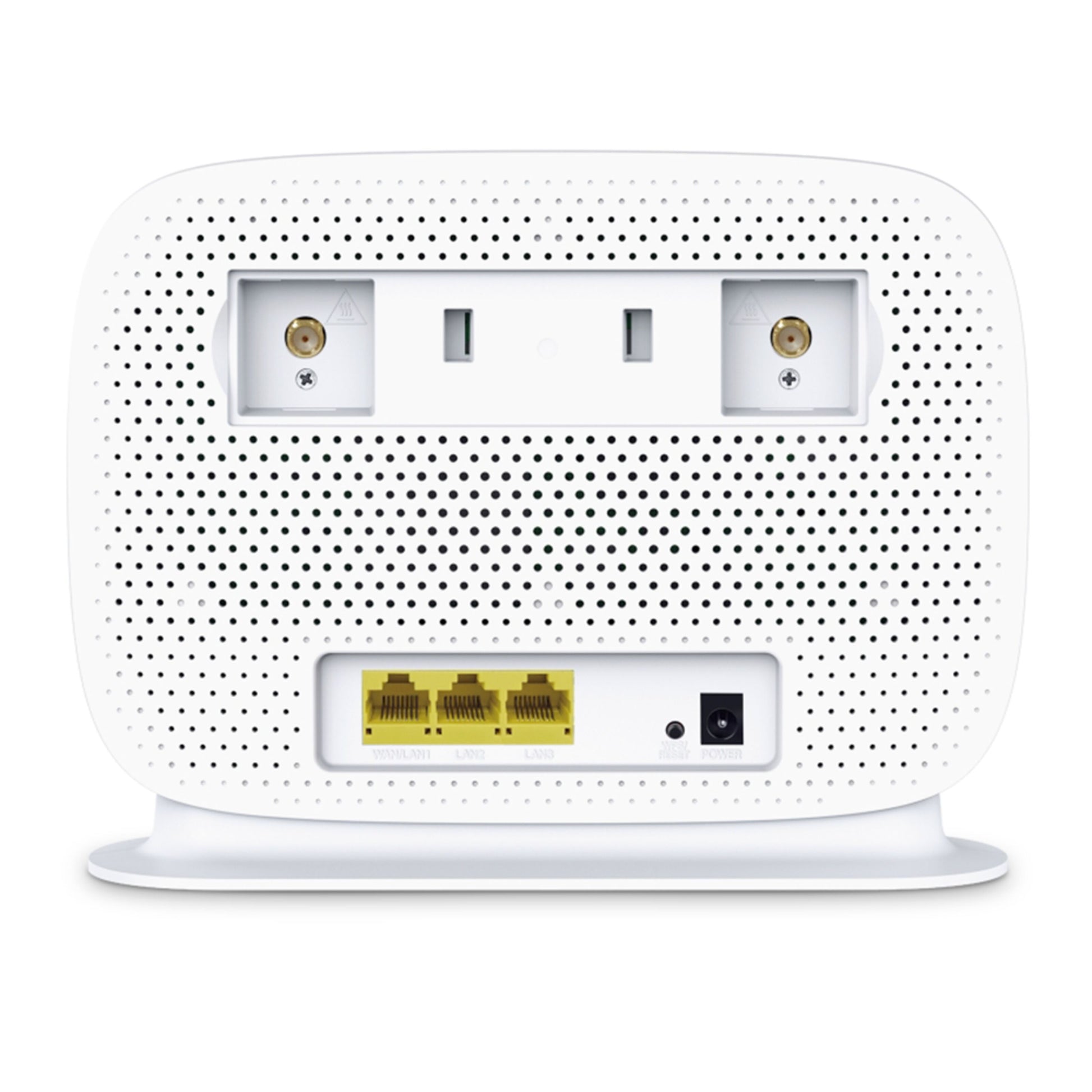 TP-Link Archer MR515 4G+ router bagside med ventilationshuller, 2 coaxstik, 3 gule Ethernet-porte, telefon- og strømport.