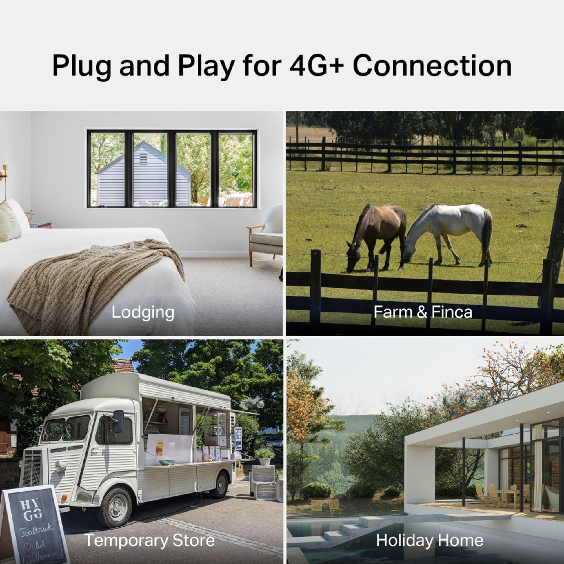 TP-Link Archer MR515 4G+ router AC1200 wifi vises i soveværelse, på mark med heste, food truck og hus omgivet af træer.