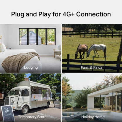 TP-Link Archer MR515 4G+ router AC1200 wifi vises i soveværelse, på mark med heste, food truck og hus omgivet af træer.