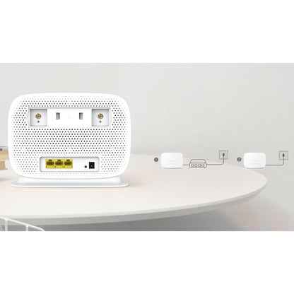 TP-Link Archer MR515 4G+ router AC1200 WiFi, synlige porte, diagram af powerline-setup med to adaptere og Ethernet-switch.