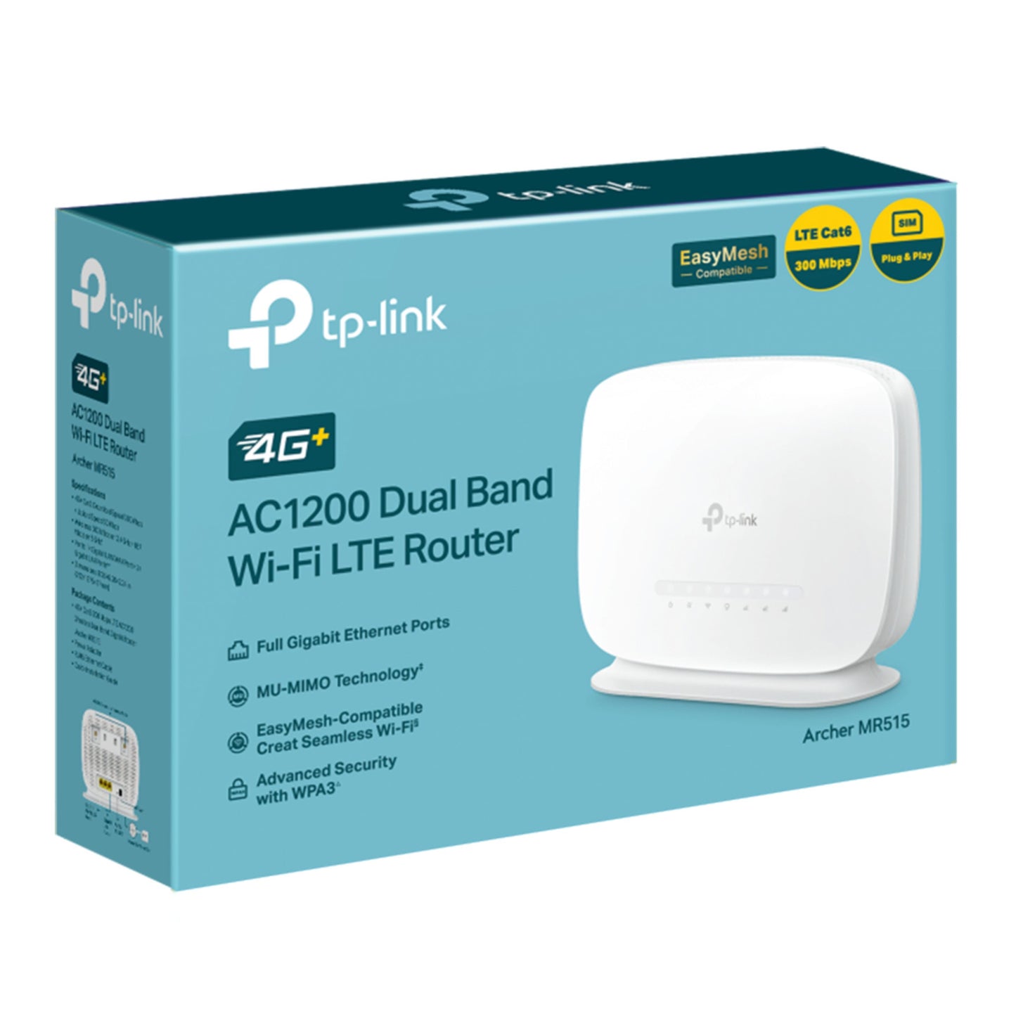 TP-Link Archer MR515 4G+ router med modem AC1200, mobilt bredbånd, gigabit porte, MU-MIMO, EasyMesh, WPA3.