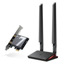 TP-Link Archer TBE550E Netværkskort BE9300 WiFi 7 til desktop-pc med metallic stik, sort kabinet og to sorte antenner.
