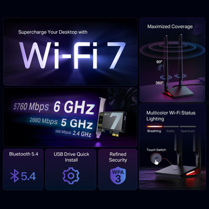 TP-Link Archer TBE550E Netværkskort BE9300 Wi-Fi 7, Bluetooth 5.4, WPA3-sikkerhed til desktop-pc.