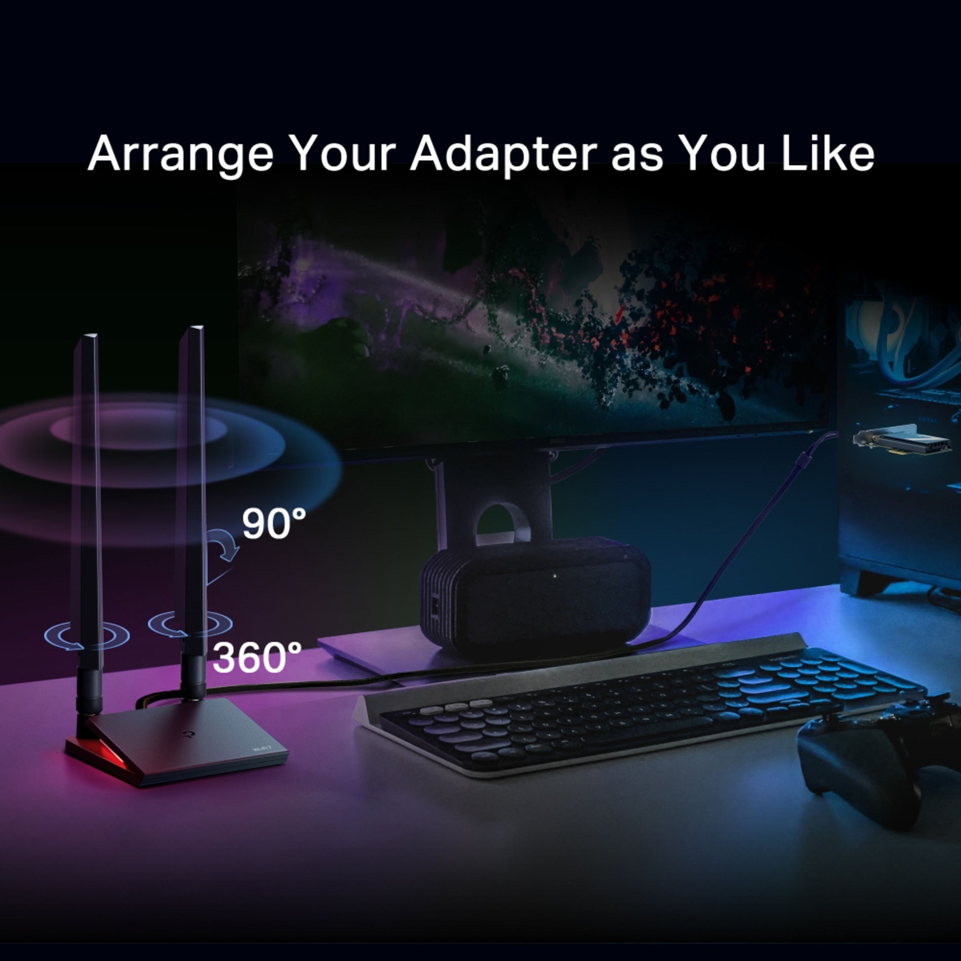 TP-Link Archer TBE550E netværkskort BE9300 med dobbelte antenner, RGB-base, tekst: Arranger din adapter, som du vil.