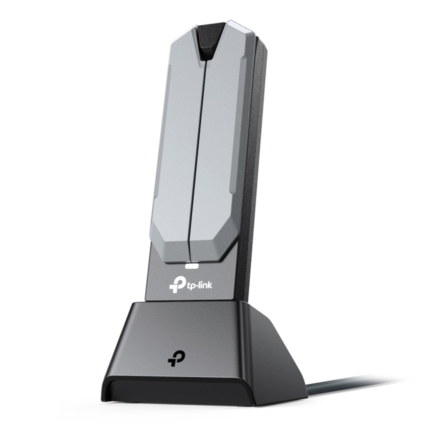 TP-Link Bueskytte TBE400UH USB netværkskort, grå-sort vertikal dock med TP-Link-logo og kabel, WiFi 7.