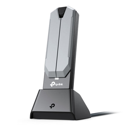 TP-Link Bueskytte TBE400UH USB netværkskort, grå-sort vertikal dock med TP-Link-logo og kabel, WiFi 7.