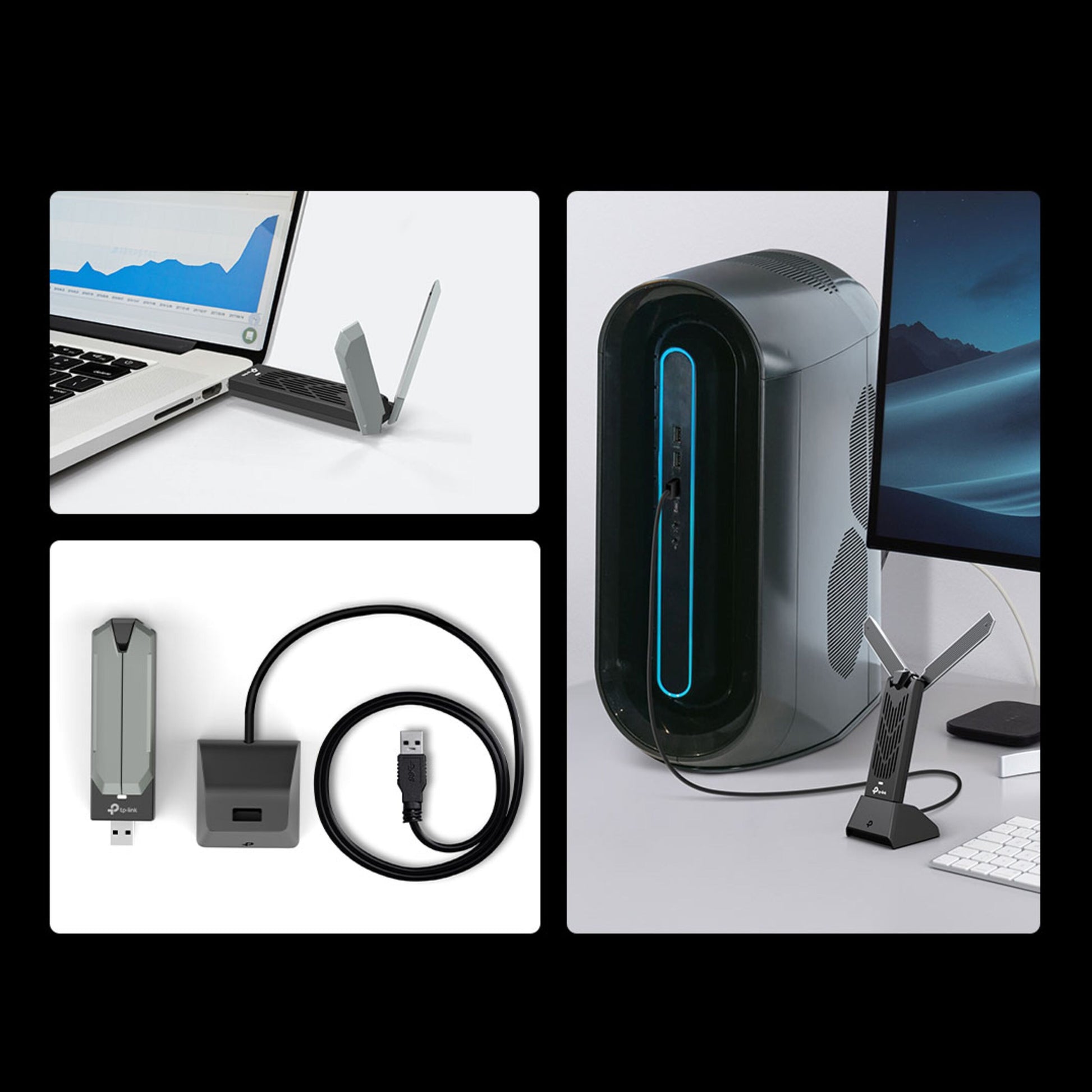 TP-Link Bueskytte TBE400UH adapter tilsluttet laptop og desktop, antenner oppe, komponenter og skærme synlige i baggrunden.