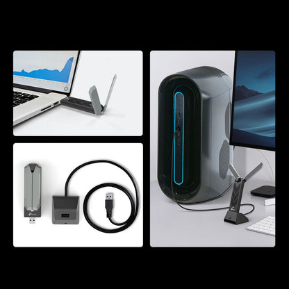 TP-Link Bueskytte TBE400UH adapter tilsluttet laptop og desktop, antenner oppe, komponenter og skærme synlige i baggrunden.