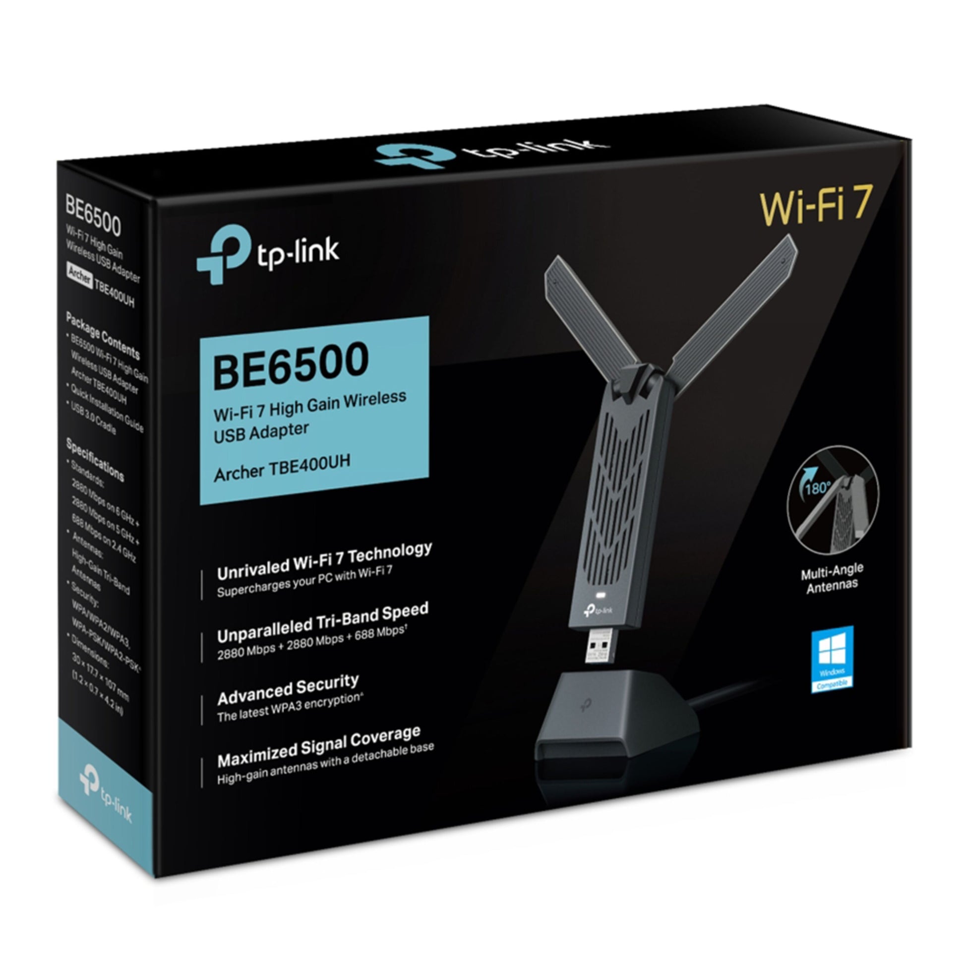 TP-Link Bueskytte TBE400UH sort dual-antenne WiFi 7 USB netværkskort i retail box med nøglefunktioner på emballagen.
