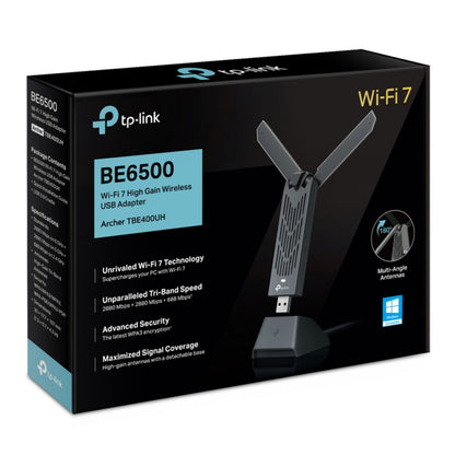 TP-Link Bueskytte TBE400UH sort dual-antenne WiFi 7 USB netværkskort i retail box med nøglefunktioner på emballagen.