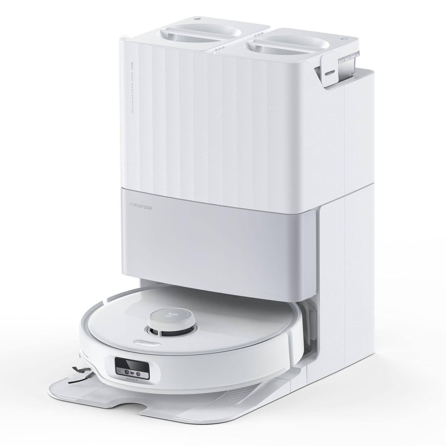 Roborock Qrevo Edge fuldautomatisk robotstøvsuger med dock og topkompartmenter til støv og vand, egnet til hårde gulve.