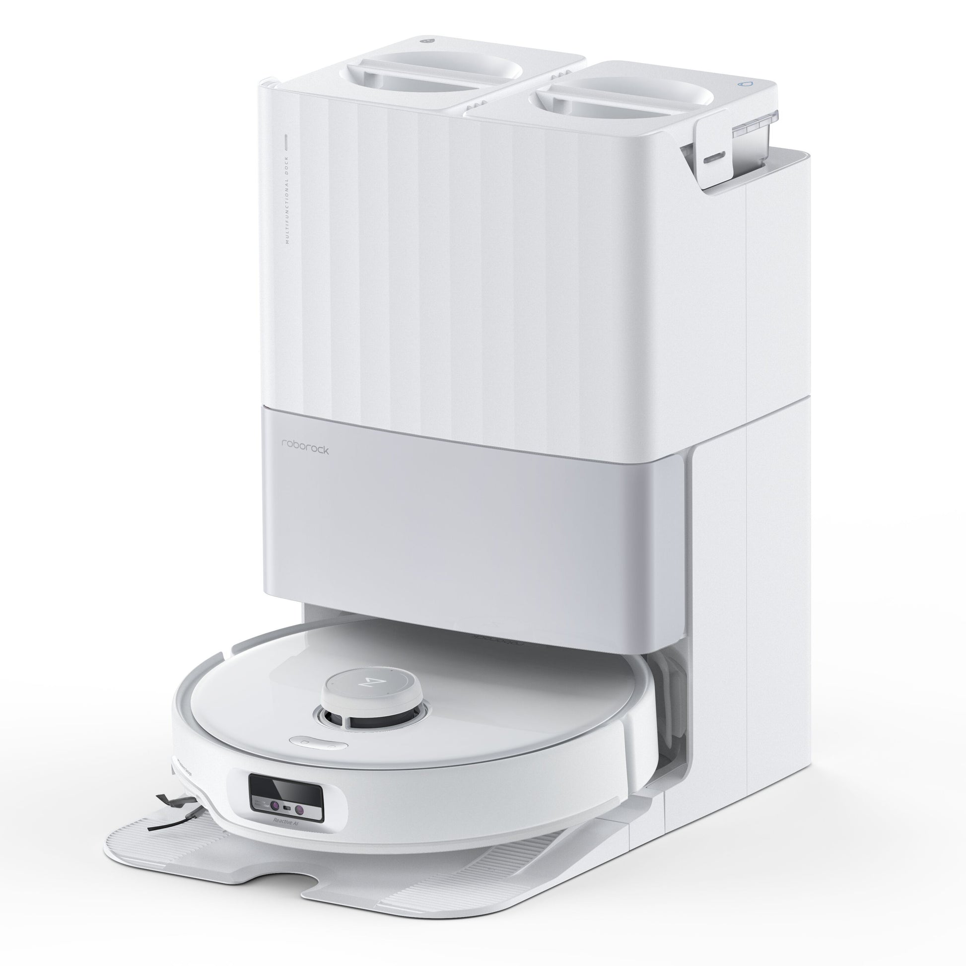 Roborock Qrevo Edge fuldautomatisk robotstøvsuger med dock og topkompartmenter til støv og vand, egnet til hårde gulve.