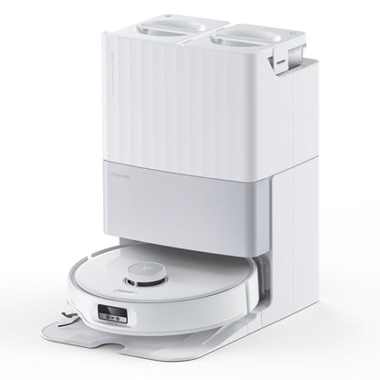 Roborock Qrevo Edge fuldautomatisk robotstøvsuger med dock og topkompartmenter til støv og vand, egnet til hårde gulve.