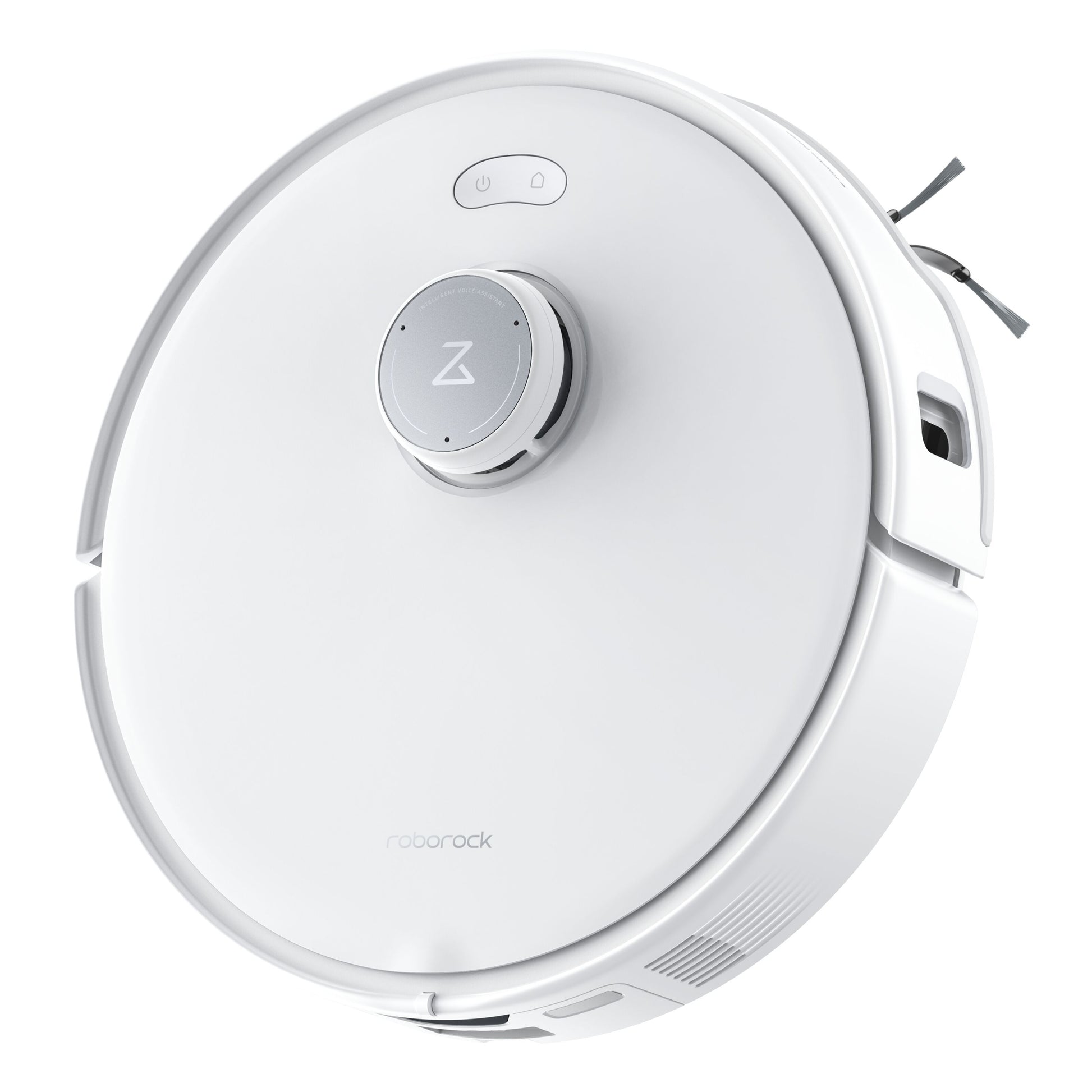 Roborock Qrevo Edge fuldautomatisk robotstøvsuger hvid, rund model med hævet sensor, sidebørster og simple kontrolknapper.
